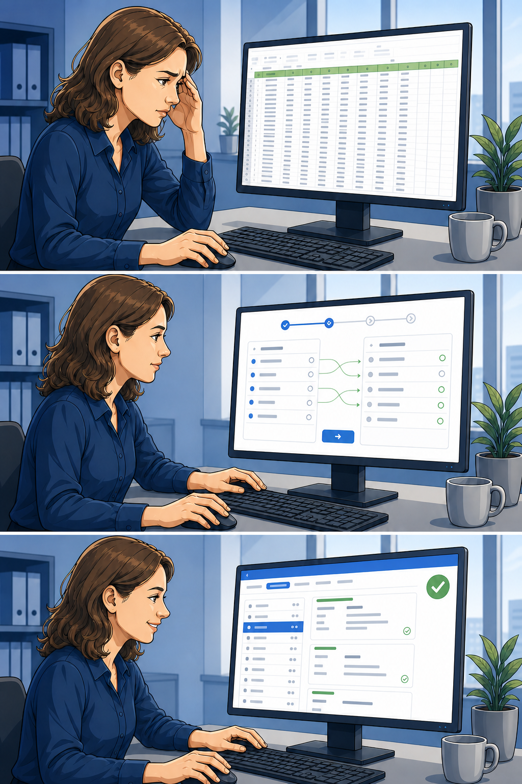 Illustrierte dreiteilige Bildgeschichte: überforderte Mitarbeiterin vor Excel-Daten, konzentrierte Arbeit mit der Feldzuordnung und erleichterte Kontrolle der fertigen DATANORM-Datei