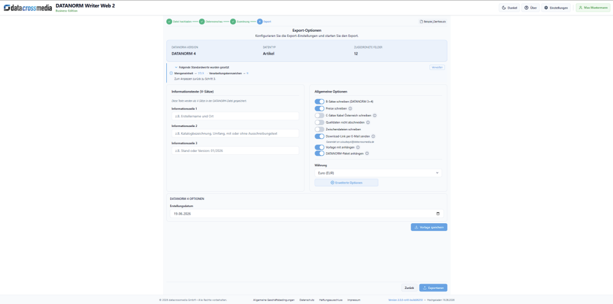 DATANORM-Version und Ausgabeoptionen in DATANORM-writer Web festlegen