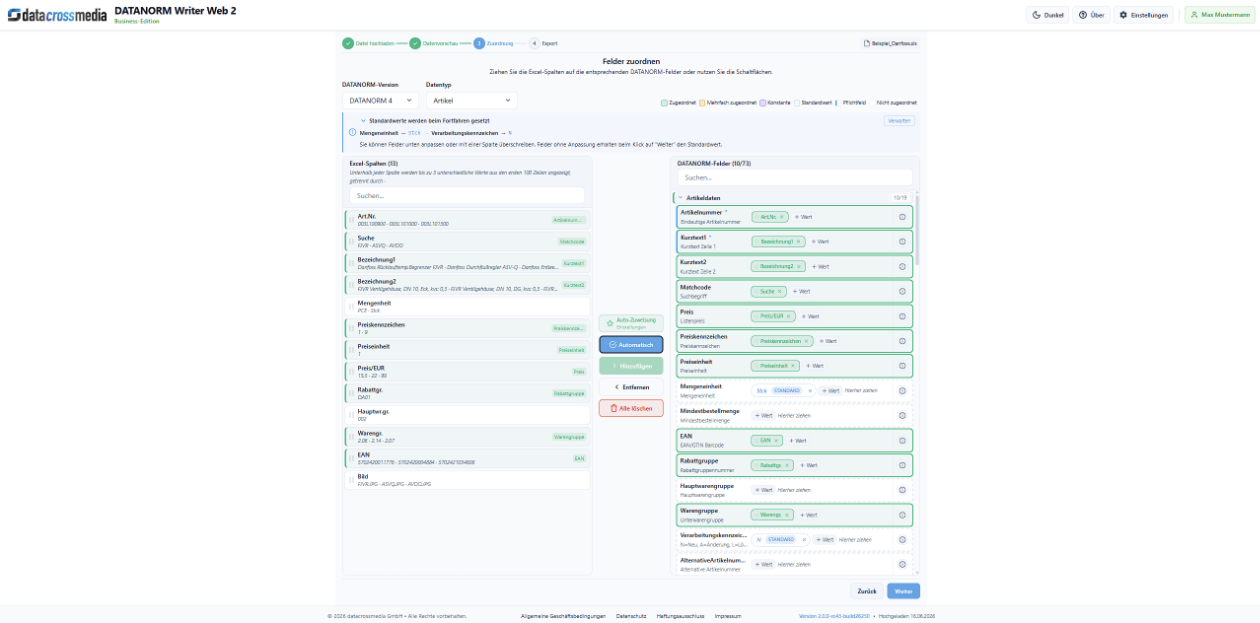 Excel- und CSV-Spalten in DATANORM-writer Web den DATANORM-Feldern zuweisen